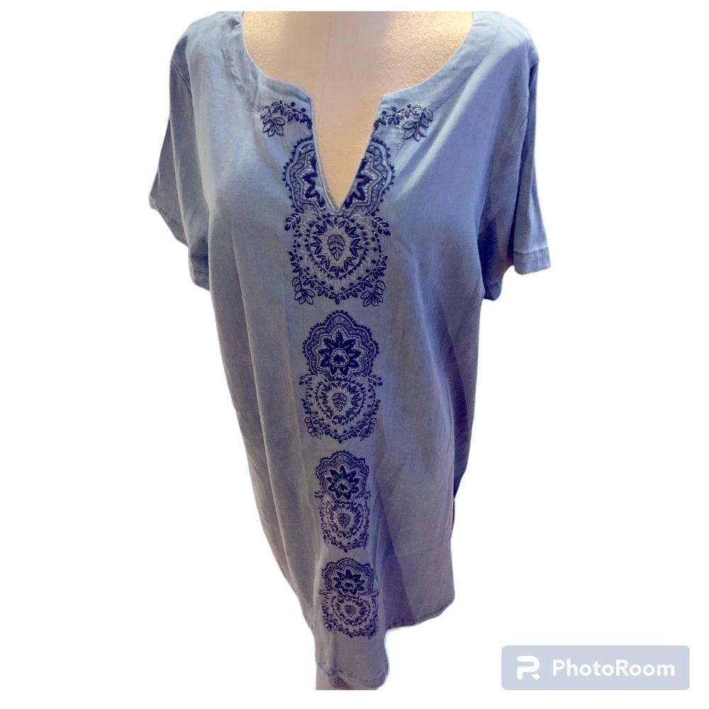Luxology, Size 16, denim embroidered BoHo long dress.